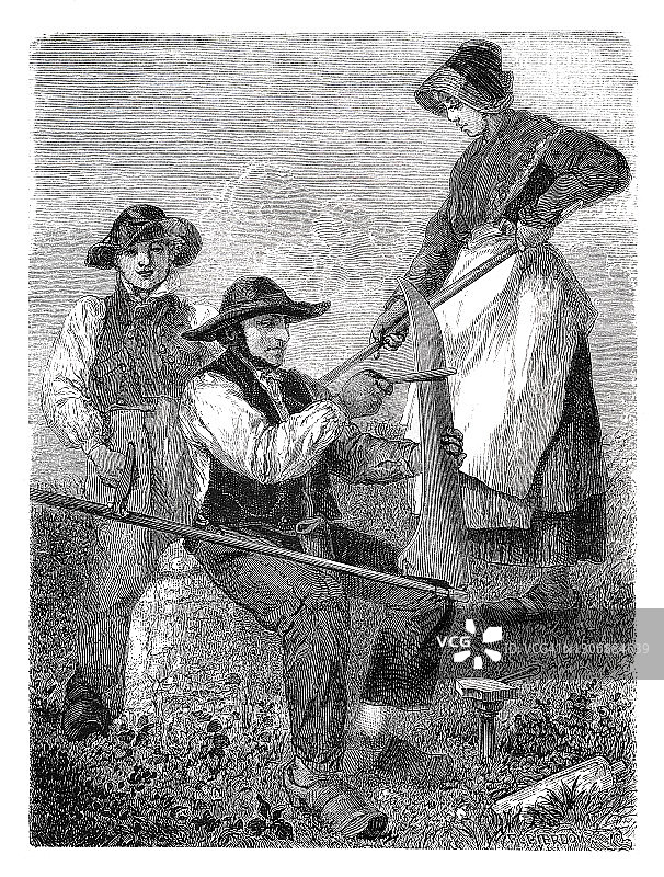 1864年，法国农民在磨镰刀图片素材