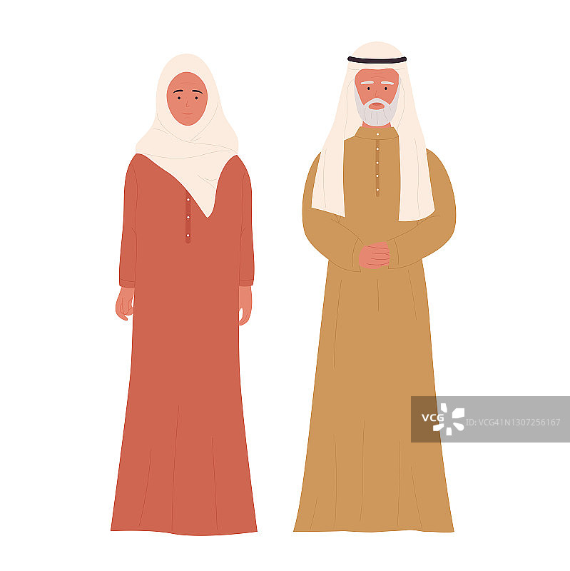 老穆斯林夫妇、阿拉伯老人家庭人物站在一起图片素材