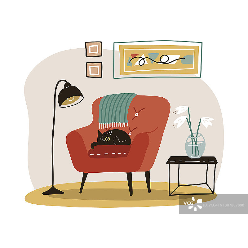 时尚的斯堪的纳维亚客厅内饰-红色扶手椅，咖啡桌，花瓶，台灯，家居装饰品。舒适的家具。现代舒适的公寓家具Hygge风格。矢量平面插图。图片素材