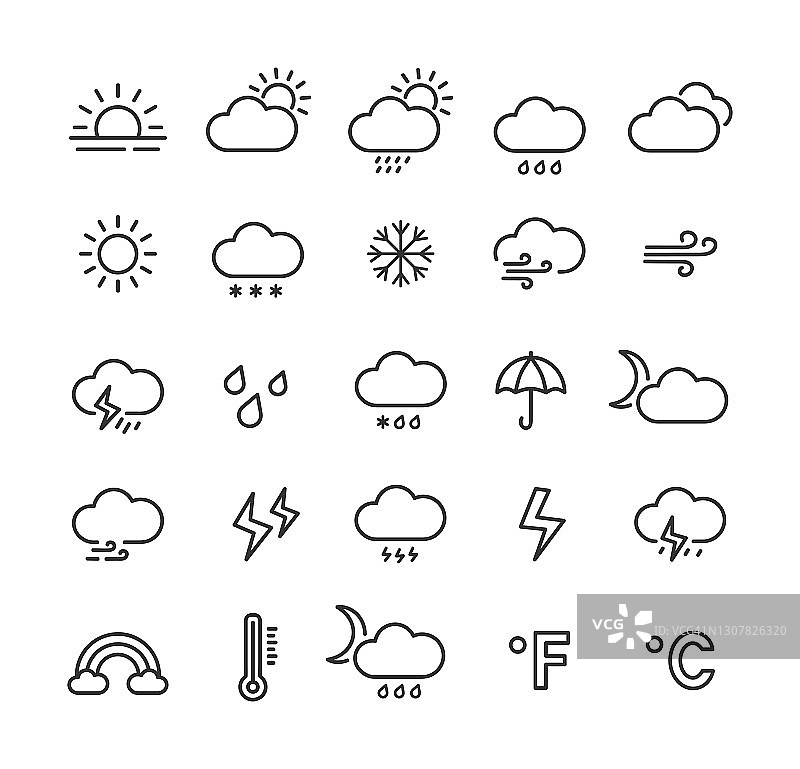 天气线图标设置可编辑的笔触。气象学符号概要集。矢量插图。图片素材