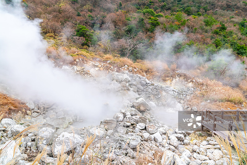 日本长崎县旅游景点“云仙地狱”和“云仙温泉”的照片图片素材