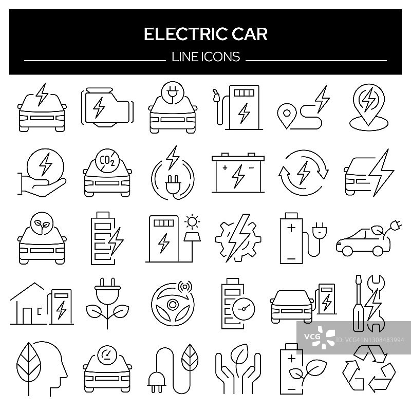 一组电动汽车相关的线图标。轮廓符号集合，可编辑的描边图片素材