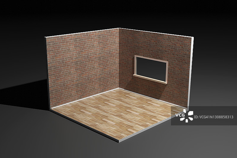 用砖墙和木地板对空房间的角落进行三维渲染图片素材