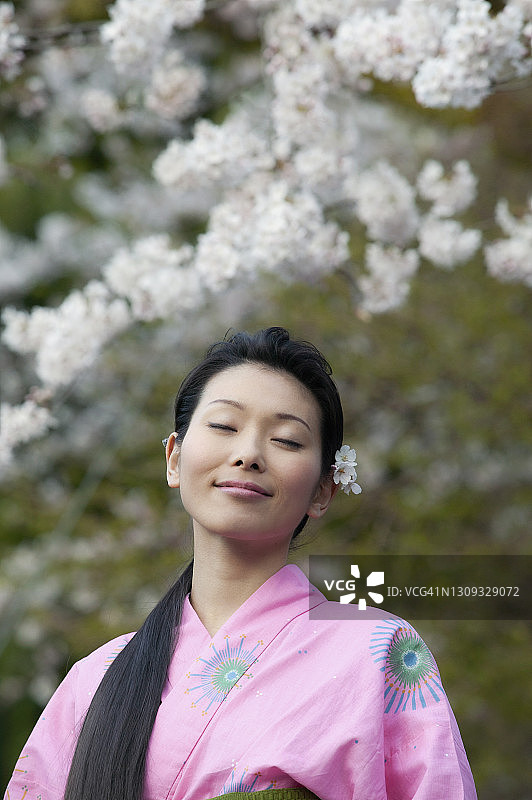 美丽安详的年轻女子在樱花下穿着和服图片素材