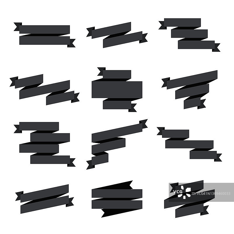 一套黑色丝带，横幅-设计元素上的白色背景图片素材