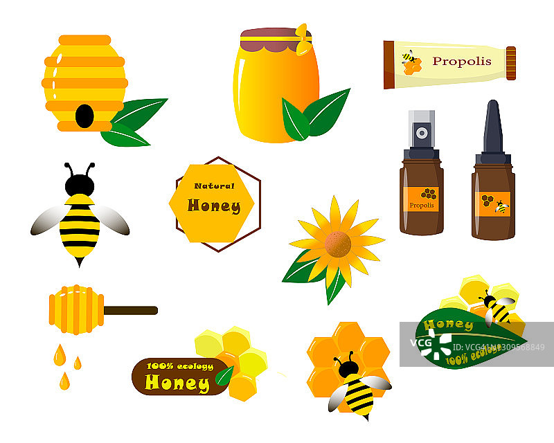 一套关于蜜蜂和蜂蜜主题的平面插图。图片素材