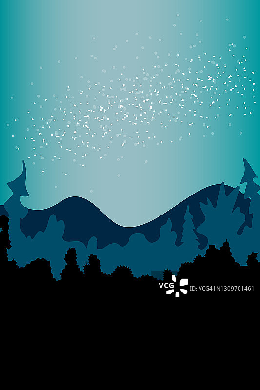 向量抽象简单的景观背景，海报在蓝色绿色色调。夜空中的星星在森林、树木、山脉的剪影的背景上。平面风格的孤立插图图片素材