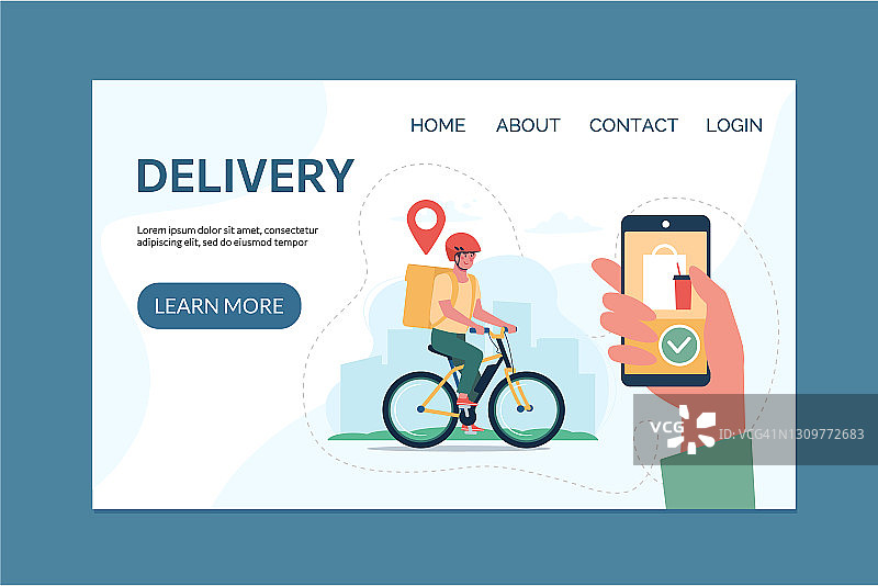 外卖服务理念和app，跟踪网上订单，送货上门。电动自行车,快递。网站模板与平面矢量插图图片素材