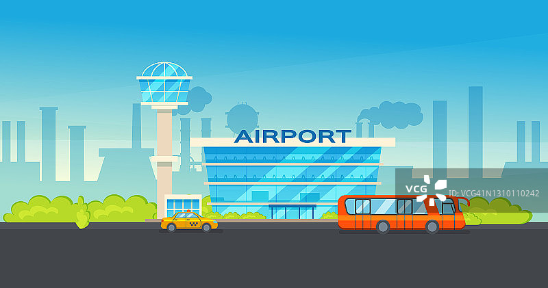 机场航站楼及飞机、出租车、汽车、装载机。飞机跑道上的城市景观背景。现代建筑建设机场。公共交通、出租车矢量图片素材