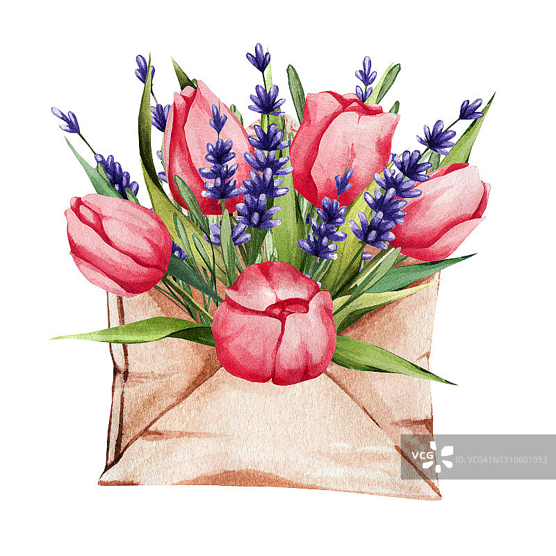 水彩花卉组成的粉红色郁金香和紫色薰衣草。手工信封里的花。适用于贴纸、明信片、装饰品图片素材