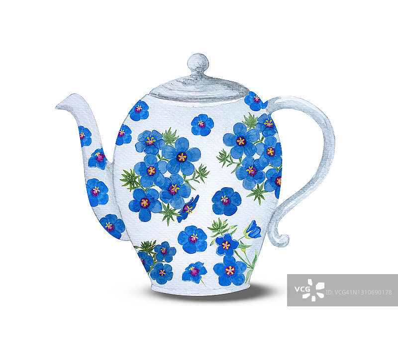 传统的复古白茶壶，绘有蓝色花束，白色背景上的插画水彩画和剪报路径图片素材