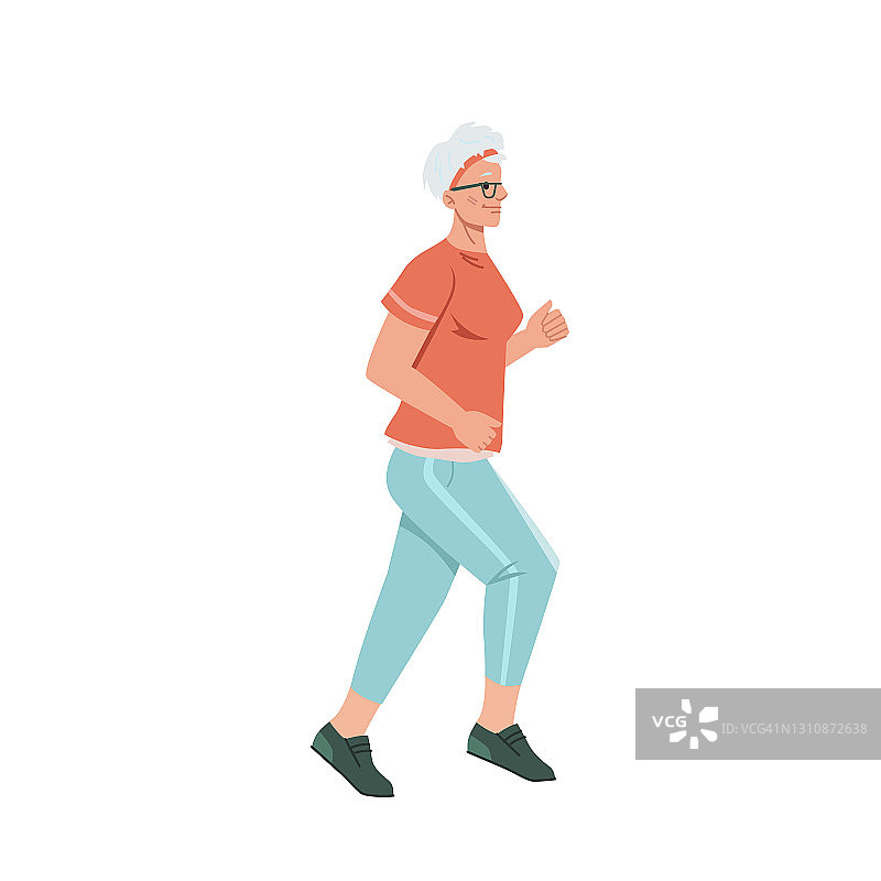 跑步大妈穿着休闲装，孤立的慢跑老太太卡通形象，中年女性，侧视。矢量退休运动慢跑跑步锻炼，运动运动，运动训练图片素材