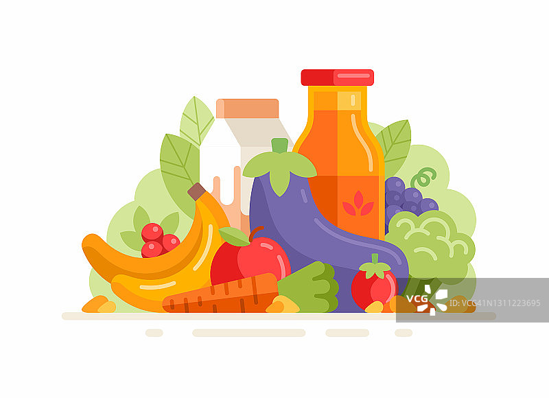新鲜天然蔬菜和水果组。茄子，香蕉，胡萝卜，西红柿，蔬菜牛奶，油，香草，苹果，浆果和坚果白色背景图片素材