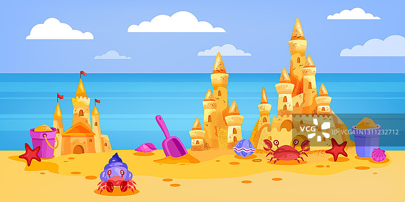 沙堡夏季海滩矢量插图，卡通景观，天空，云彩，螃蟹，海洋，桶。图片素材