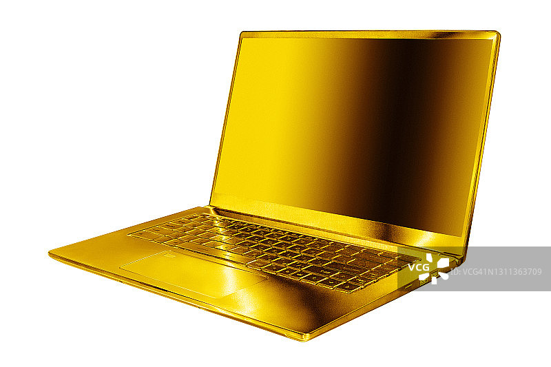 金色笔记本空白屏白色背景孤立近上侧视图，金色金属电脑，开放式空显示，现代超薄设计，pc样机，笔记本模板，豪华丰富的概念，复制空间图片素材