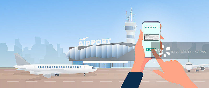 通过智能手机买票。网上购买机票。现代化的机场。跑道。飞机在跑道上。机场的扁平风格。城市轮廓。矢量图图片素材