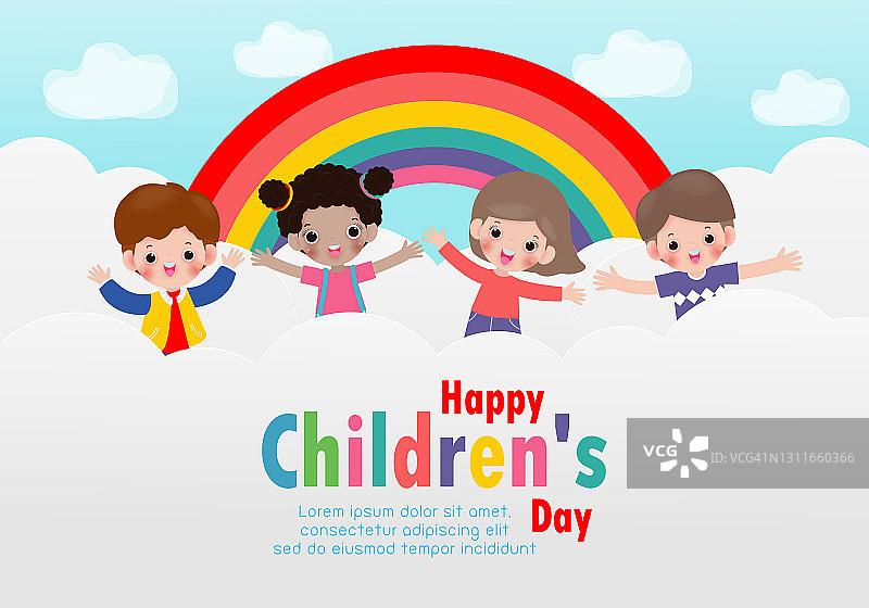 快乐儿童节背景海报与快乐的孩子跳上云和彩虹贺卡孤立矢量插图图片素材