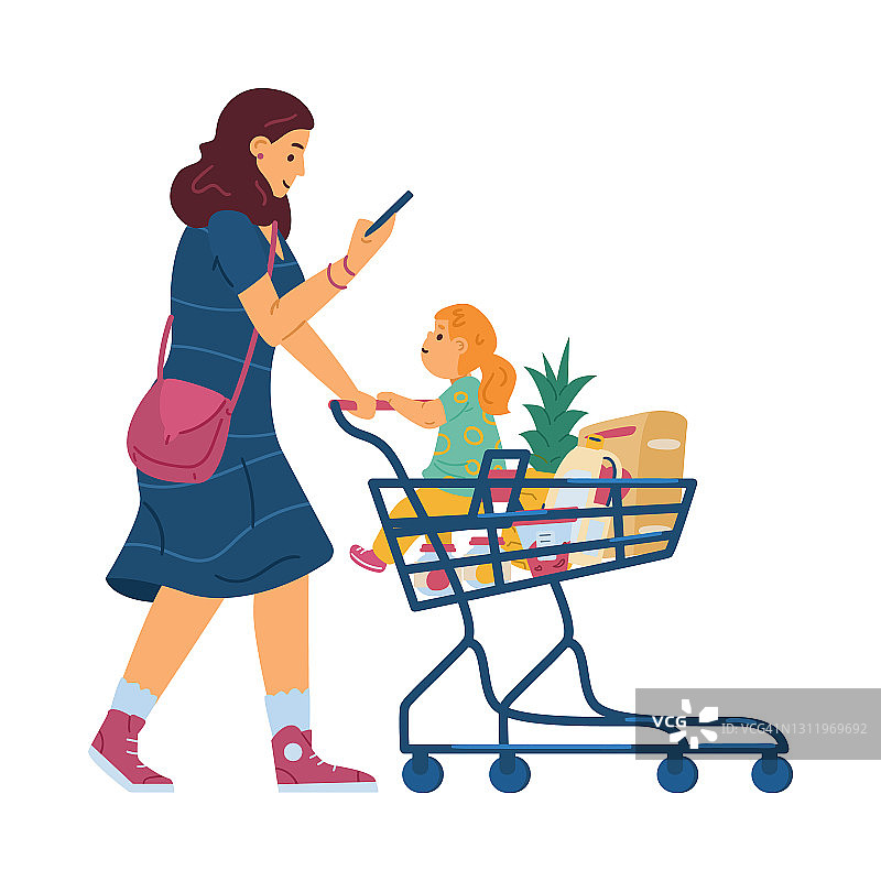 妇女带着孩子在超市购物车里，平媒被隔离。图片素材