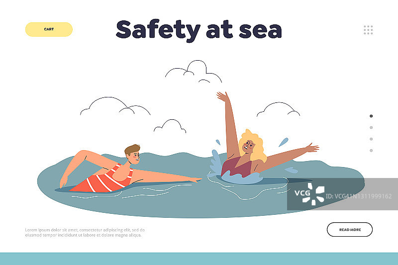 海上安全概念登陆页与海滩救生员游泳女子溺水图片素材