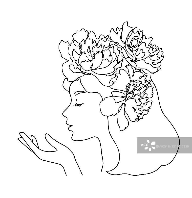 女人的侧面，手和牡丹花在她的头发。描绘女性美的概念。连续线绘制矢量插图图片素材