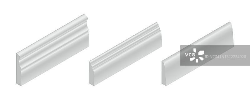 矢量插图不同形状的墙脚线板或地板隔离在白色背景。一套现实的白色踢脚板图标在平面卡通风格。等距的塑料或木材线材。图片素材