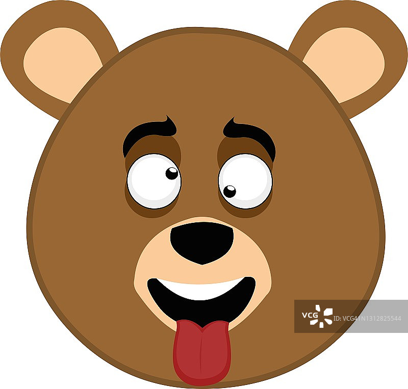 矢量表情符号插图卡通熊的头与嘲笑的表情与野生的眼睛和伸出他的舌头与张大嘴图片素材