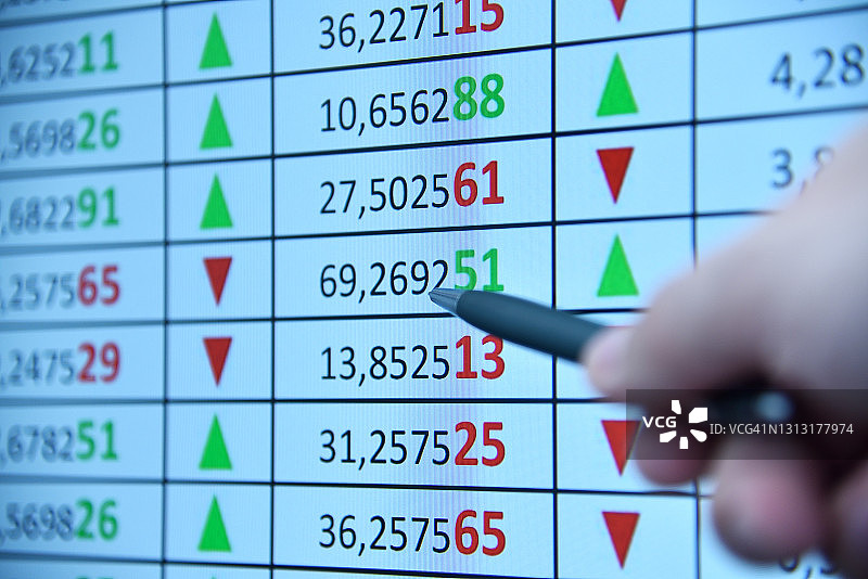 交易员用笔指着股票市场的数字图片素材
