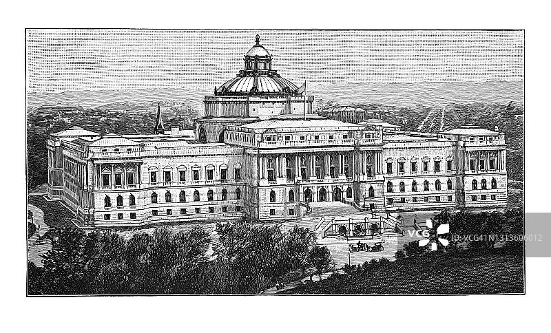 美国华盛顿特区国会图书馆的古老雕刻插图图片素材