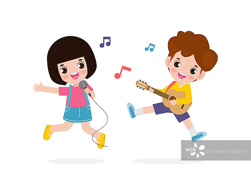 可爱的亚洲小男孩和女孩弹吉他和唱歌，快乐的孩子夫妇制作音乐表演人物卡通扁平风格孤立在白色背景矢量插图图片素材