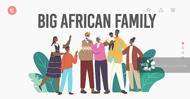 大非洲家庭登陆页面模板。父亲，母亲，祖父母和孩子的角色拥抱，牵手图片素材