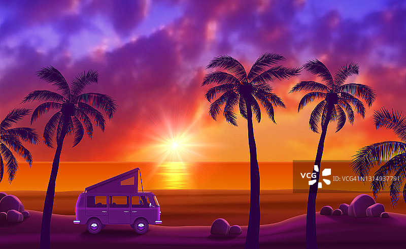 在美丽的热带海滩上，有棕榈树和日落图片素材