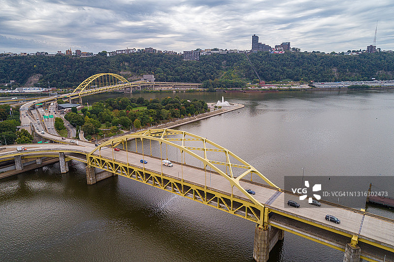 宾夕法尼亚州匹兹堡的迪肯堡桥和阿勒格尼河图片素材