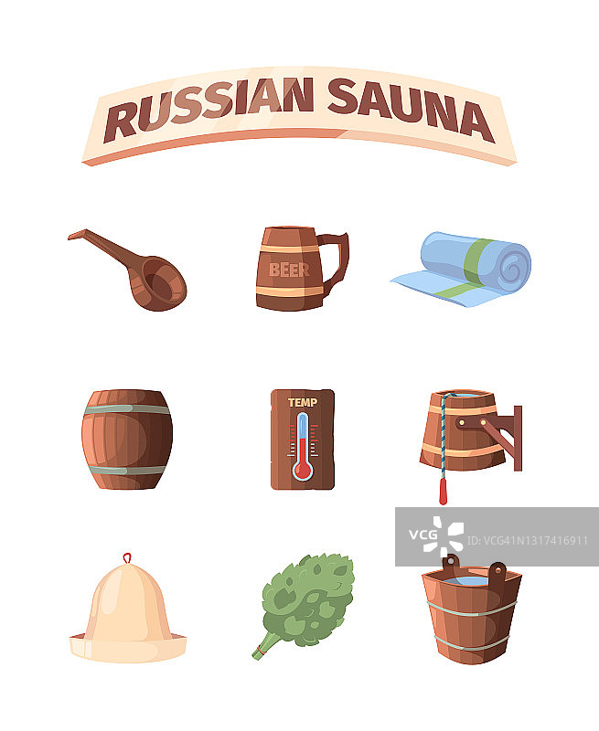 俄罗斯的桑拿。沐浴巴登配件放松炎热的地方，帽子，扫帚，浴室花哨的向量桑拿项目收集卡通图片素材