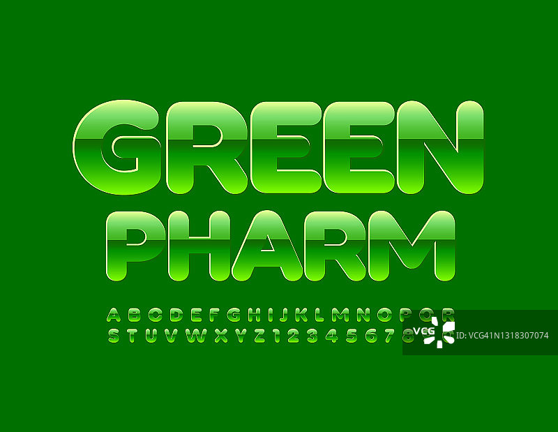 向量概念徽章绿色制药。闪亮的字母和数字集图片素材