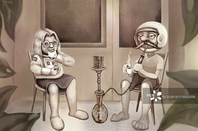 退休宇航员夫妇与水烟漫画喝茶和咖啡图片素材