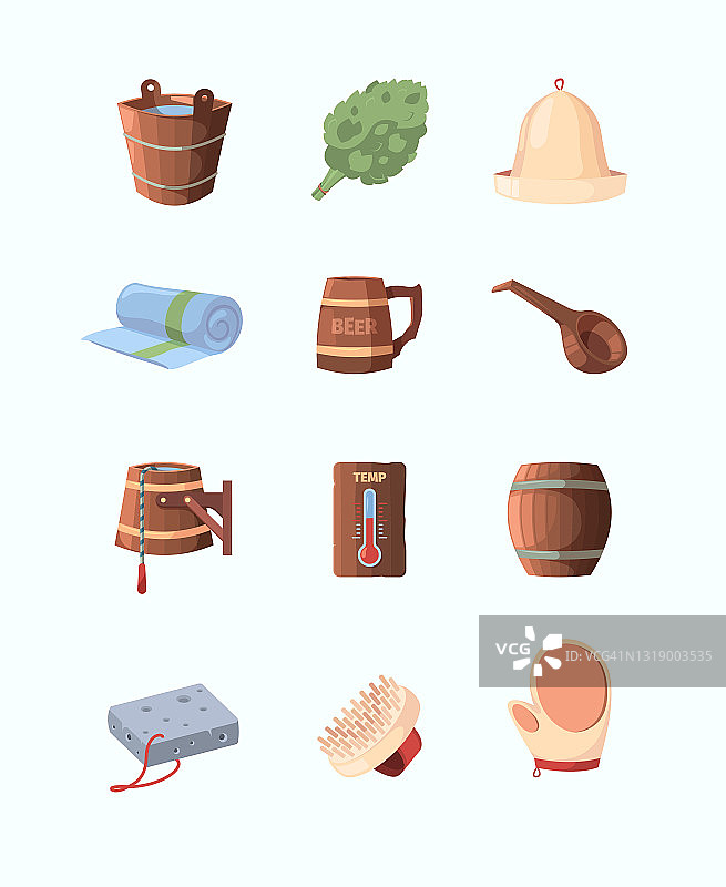 俄罗斯的桑拿。沐浴和放松的扫帚帽温泉项目花哨的矢量木桑拿卡通风格图片素材