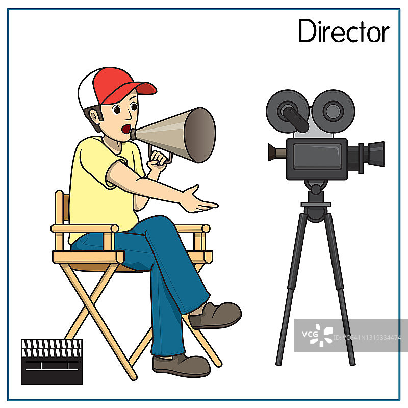 矢量插图的电影导演孤立在白色背景。工作和职业概念。卡通人物。教育和学校的孩子涂色页，打印，活动，工作表，抽认卡。图片素材