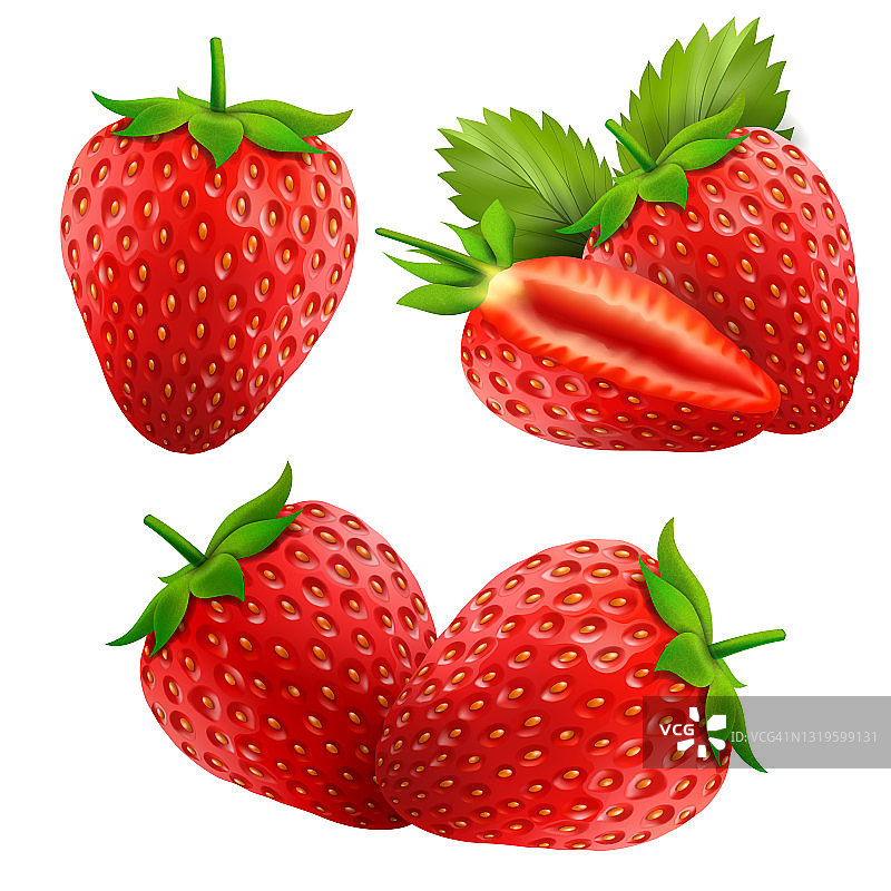 草莓孤立在白色背景上。甜的水果。3d现实的矢量图标。一组带叶子的草莓图片素材