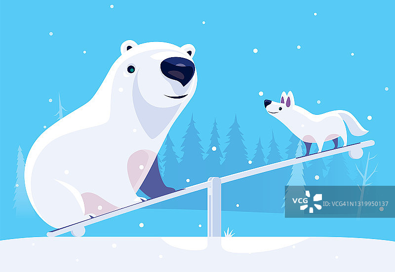 北极熊和北极狼在跷跷板上相遇图片素材