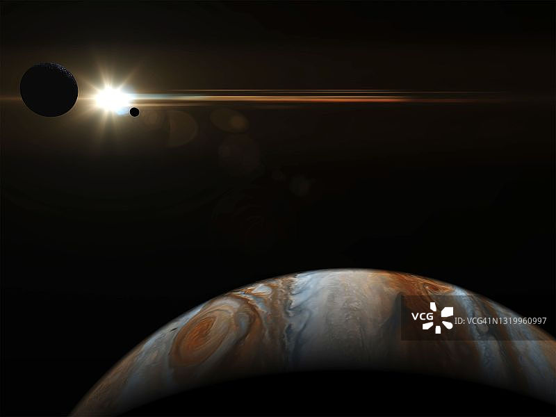 在空间概念中，两颗卫星围绕着巨大的气体木星经过太阳图片素材