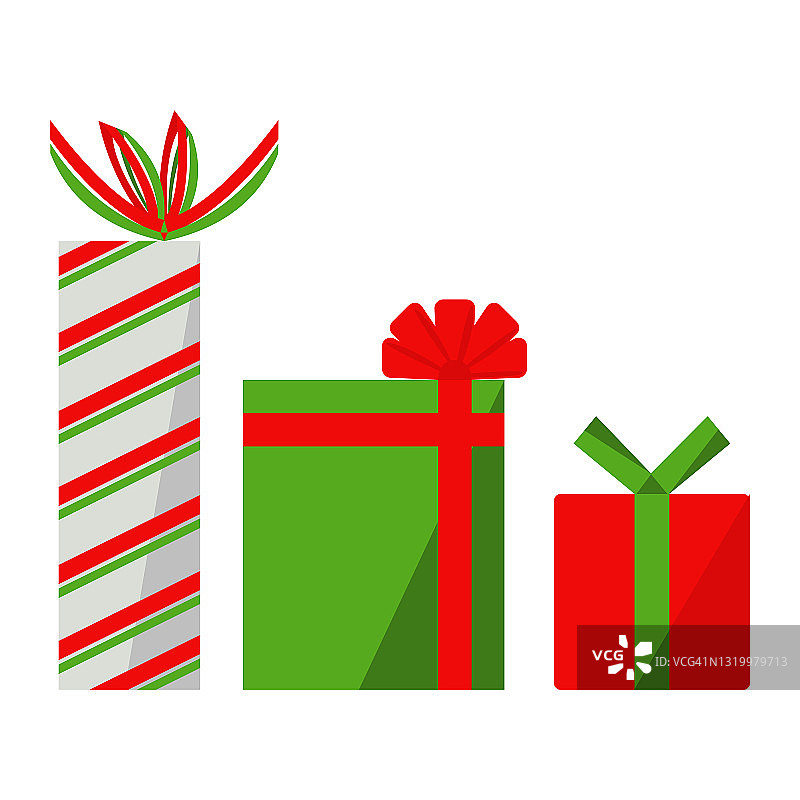 一套有蝴蝶结和丝带的三个礼品盒，包装精美的圣诞礼物图片素材
