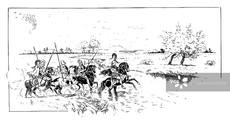 马、骑士和骑兵的古董插图图片素材