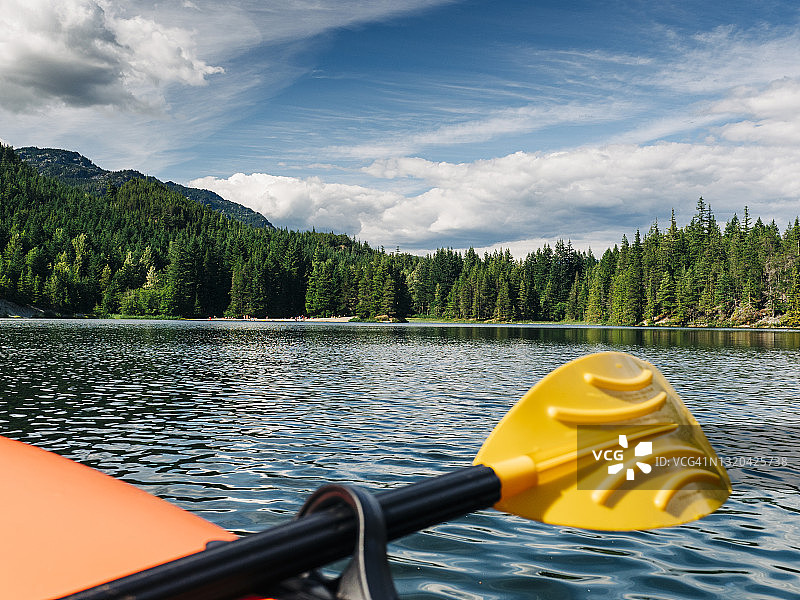 从划艇上欣赏山、湖的美景图片素材
