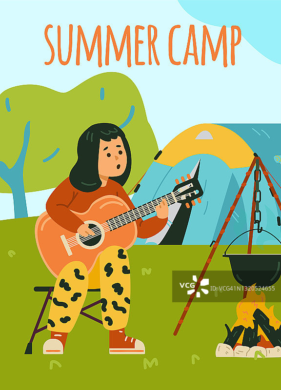 儿童夏令营横幅或海报，平面卡通矢量插图。图片素材