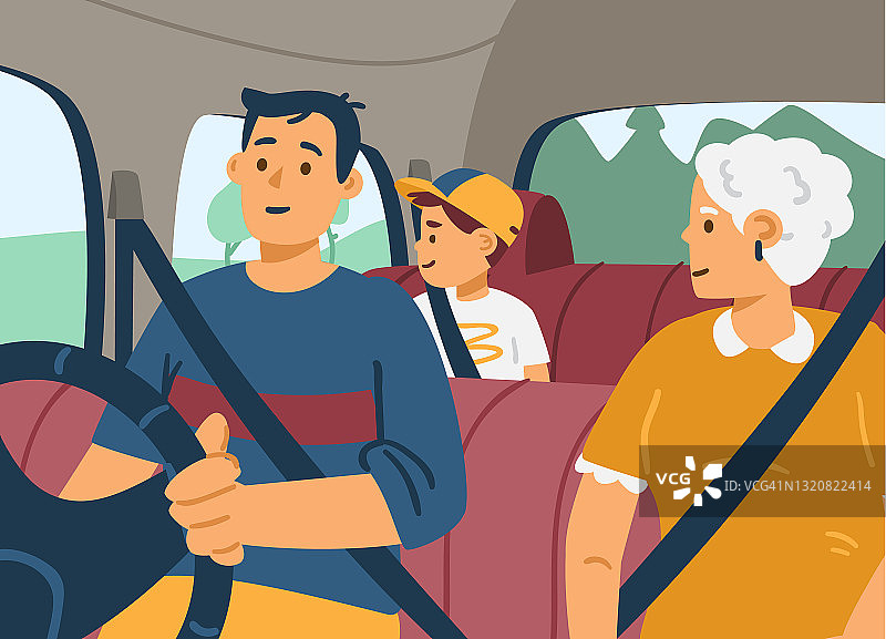 车内系着安全带的幸福家庭旅行矢量平面插图。图片素材