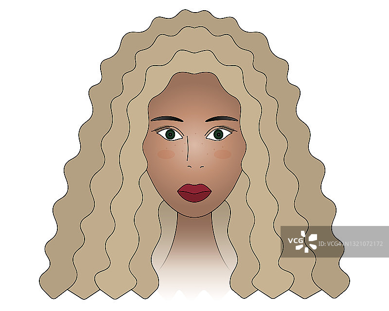 非裔美国女性。一个绿眼睛女孩的头。彩色矢量插图。一个金发女人的脸。脸上的雀斑和红晕。长卷发，非洲式发型。孤立的白色背景。卡通风格。图片素材