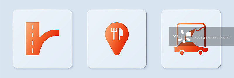设置咖啡厅和餐厅的位置，道路交通标志和城市地图导航。白色正方形按钮。向量图片素材