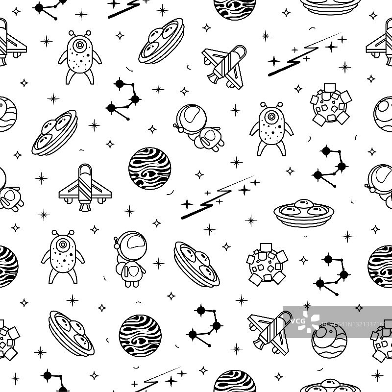 抽象无缝图案涂鸦集合外星人Ufo行星银河系空间标志矢量设计风格图片素材