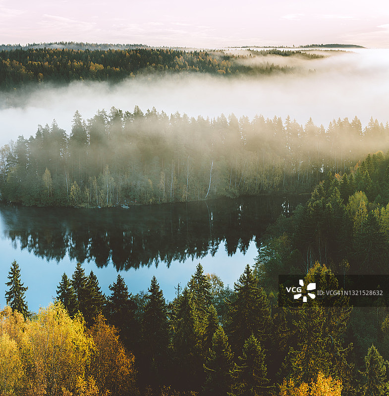 芬兰Hameenlinna的奥兰科，秋日清晨雾蒙蒙的森林和湖泊图片素材
