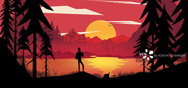 日落景观与红色的天空，山，山，树和湖的剪影图片素材